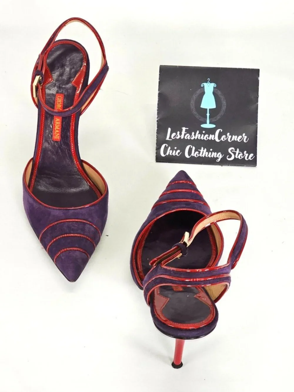 Giorgio Armani Women's Purple/Red Suede Stiletto Heels Ankle Strap Size 7 101 - Picture 14 of 16